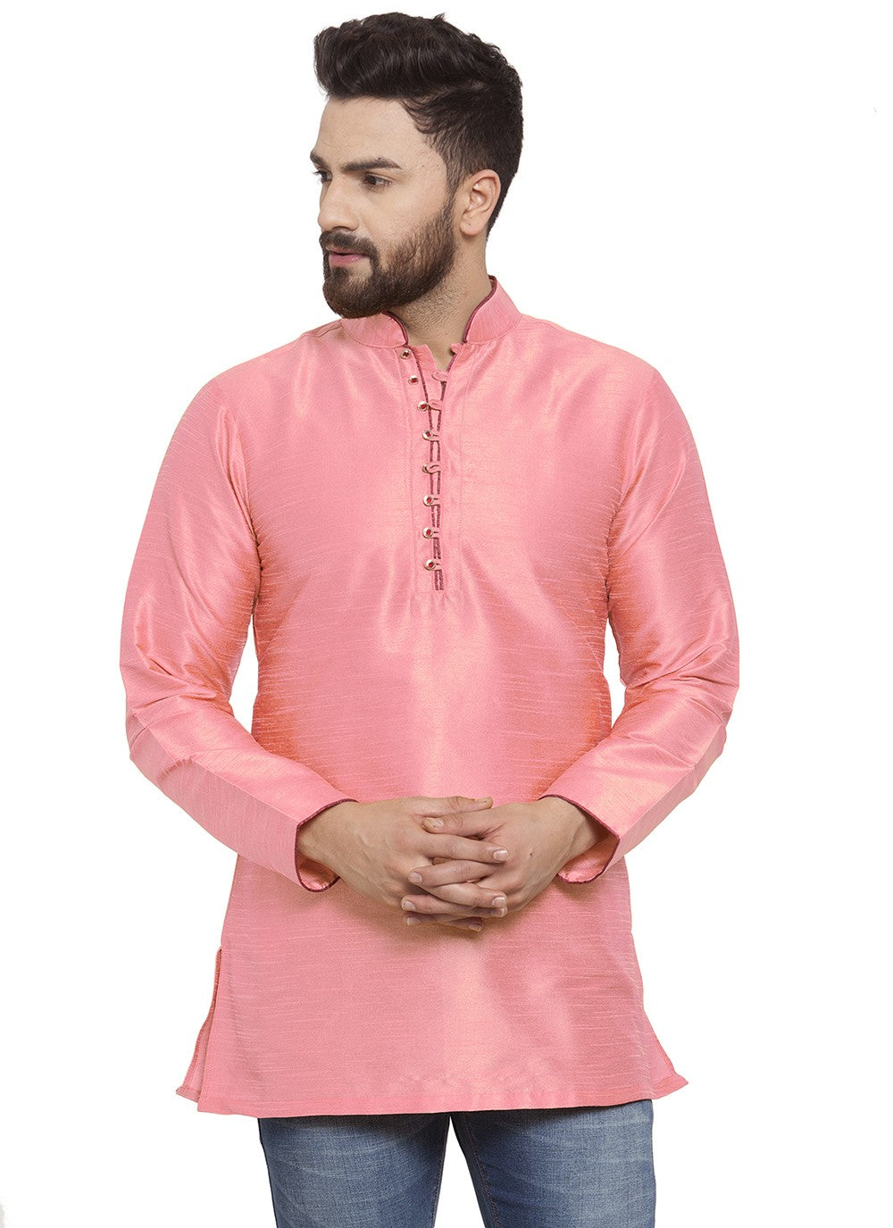 Plain Dupion Silk Pink Short Kurta - M5715