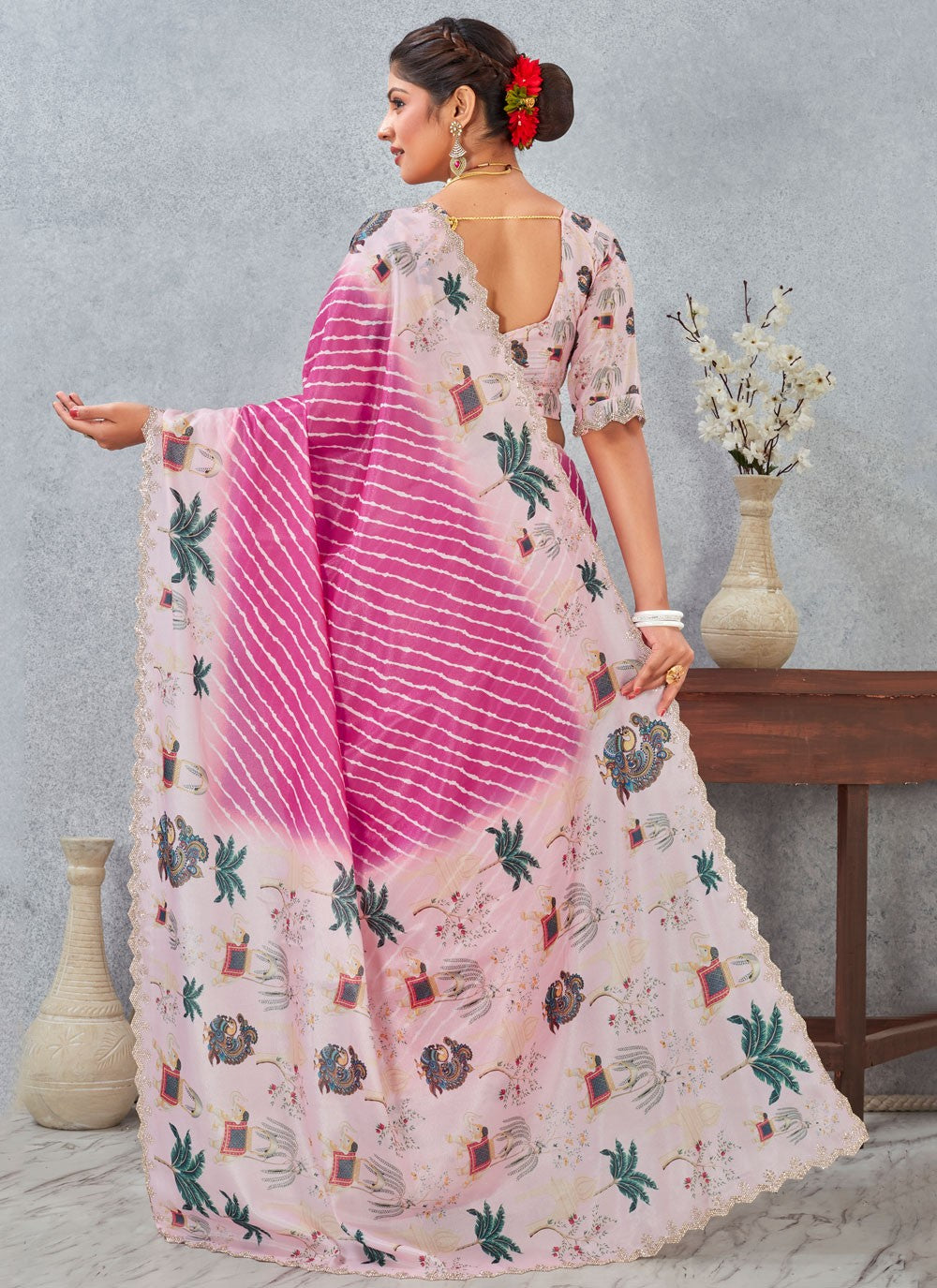 Pink Satin Silk Traditional Saree Digital Print S20213