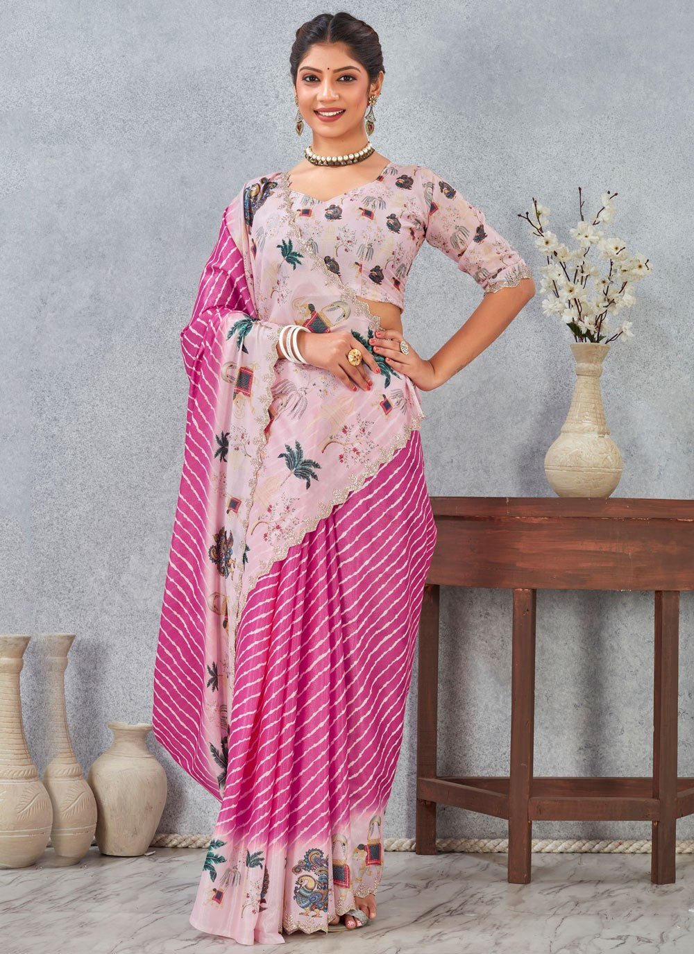 Pink Satin Silk Traditional Saree Digital Print S20213