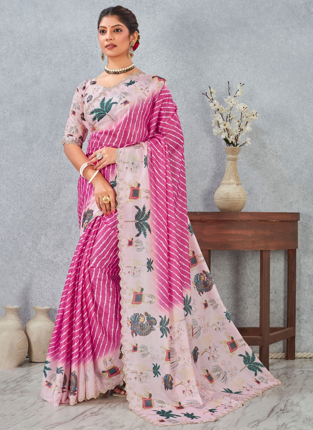Pink Satin Silk Traditional Saree Digital Print S20213