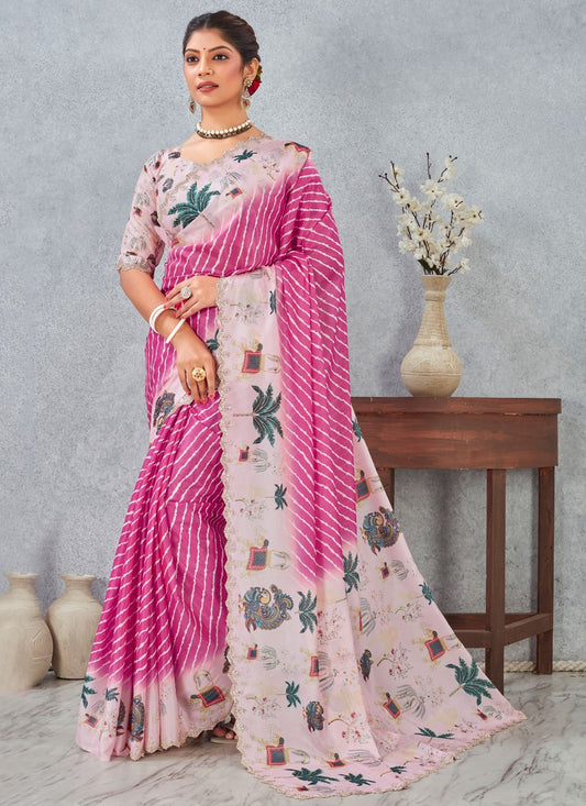 Pink Satin Silk Traditional Saree Digital Print S20213