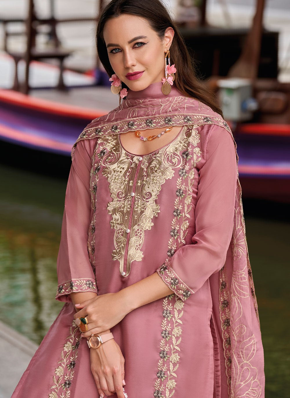 Salwar Suit Embroidered Pink Organza T5519
