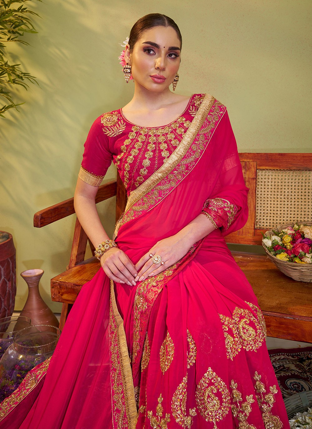 Embroidered Satin Pink Saree S14377