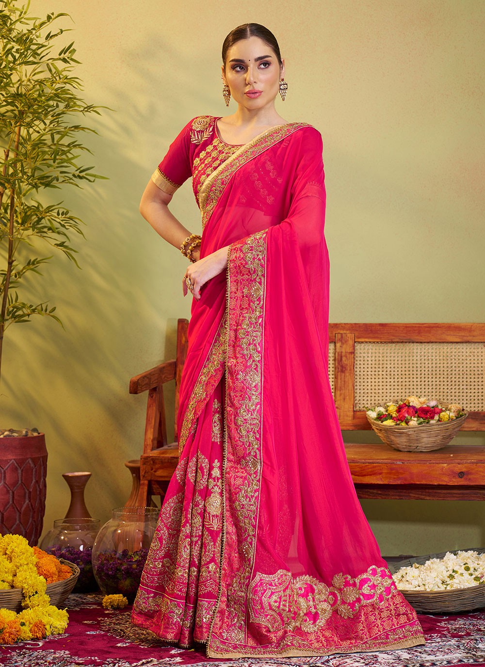 Embroidered Satin Pink Saree S14377