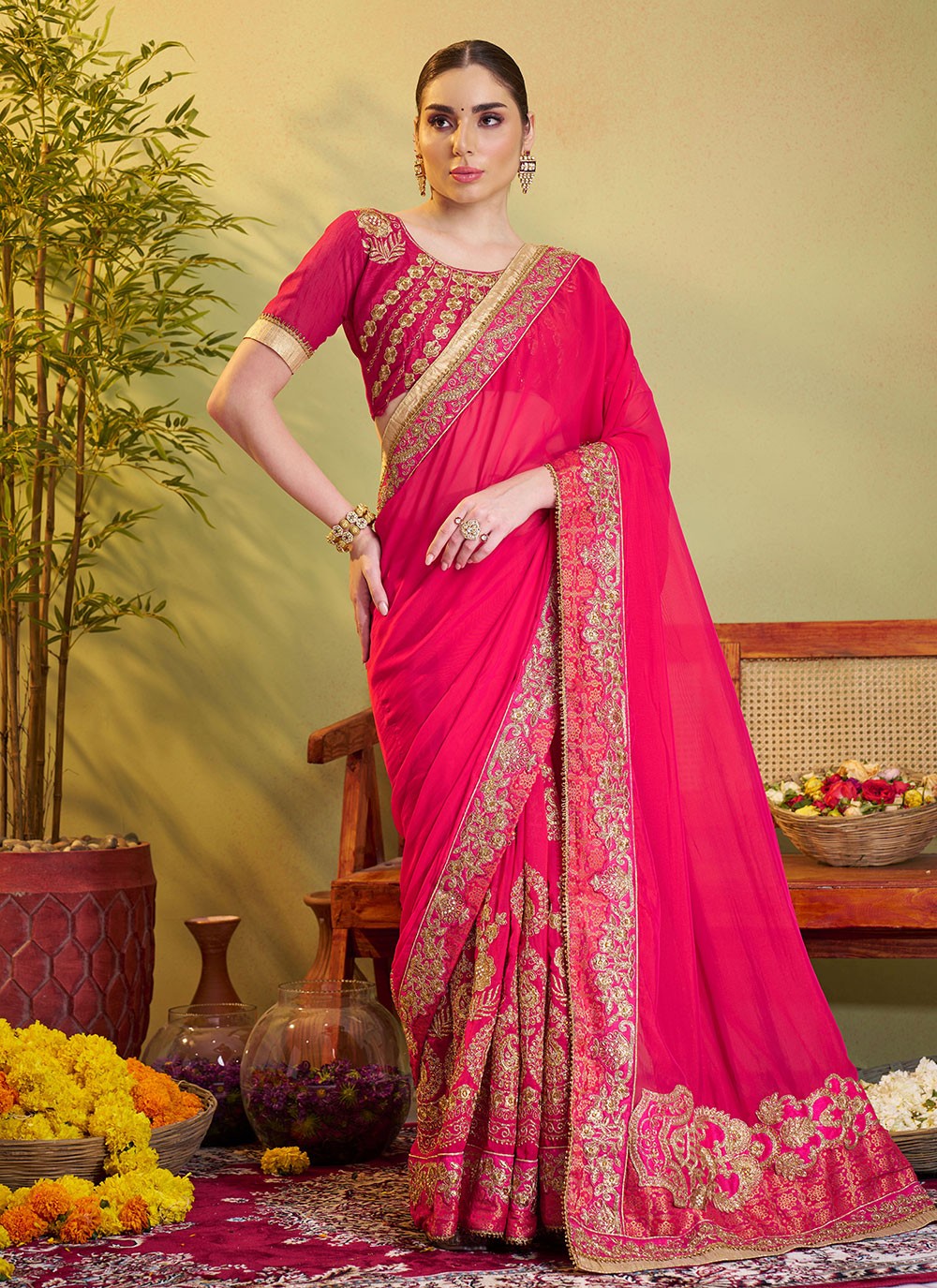Embroidered Satin Pink Saree S14377