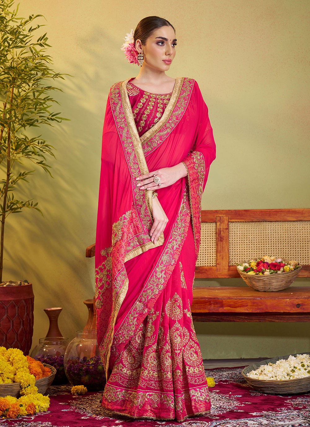 Embroidered Satin Pink Saree S14377