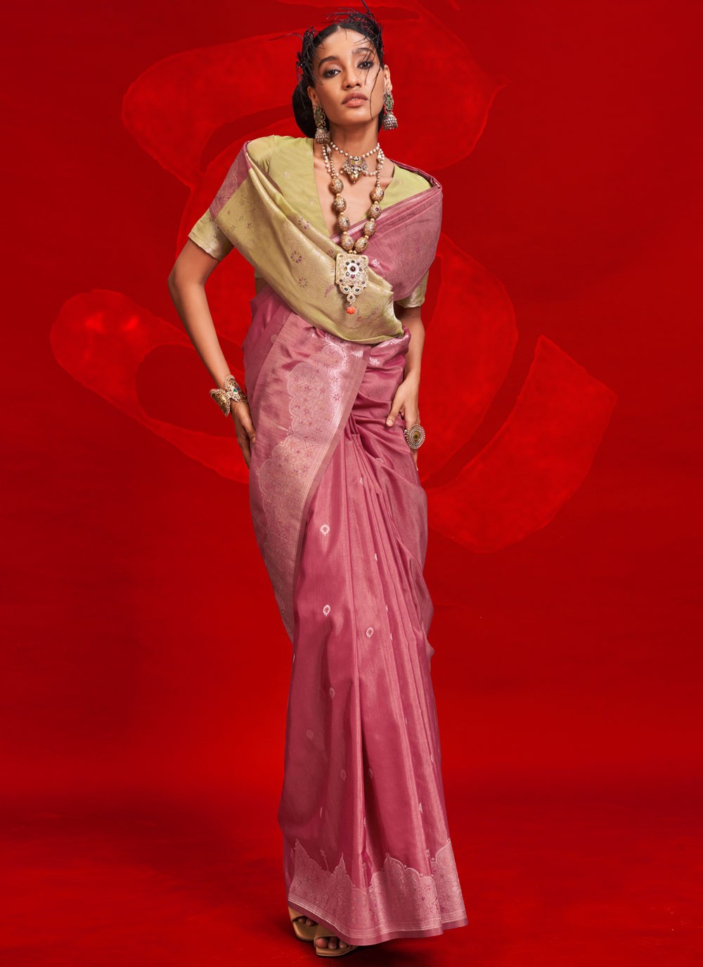 Contemporary Weaving Zari Pink Tussar Silk Saree S12988