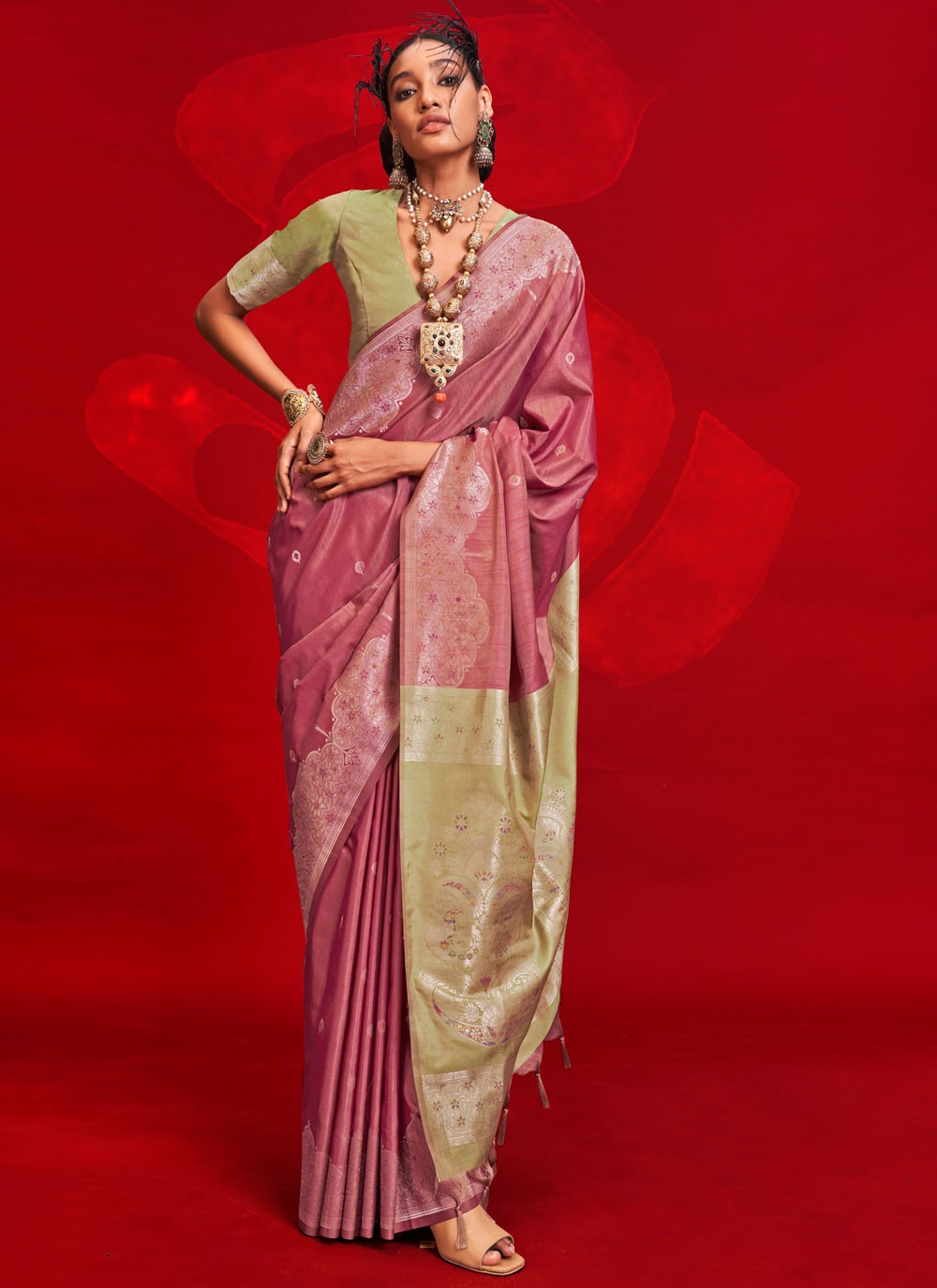 Contemporary Weaving Zari Pink Tussar Silk Saree S12988