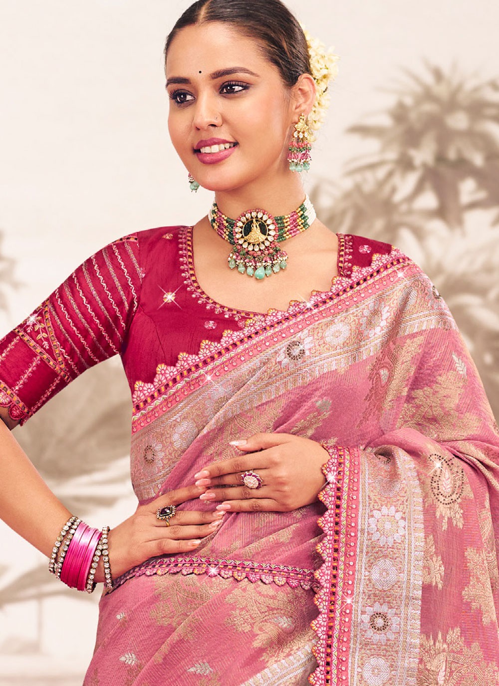 Pink Silk Contemporary Saree Embroidered, Lace S19594