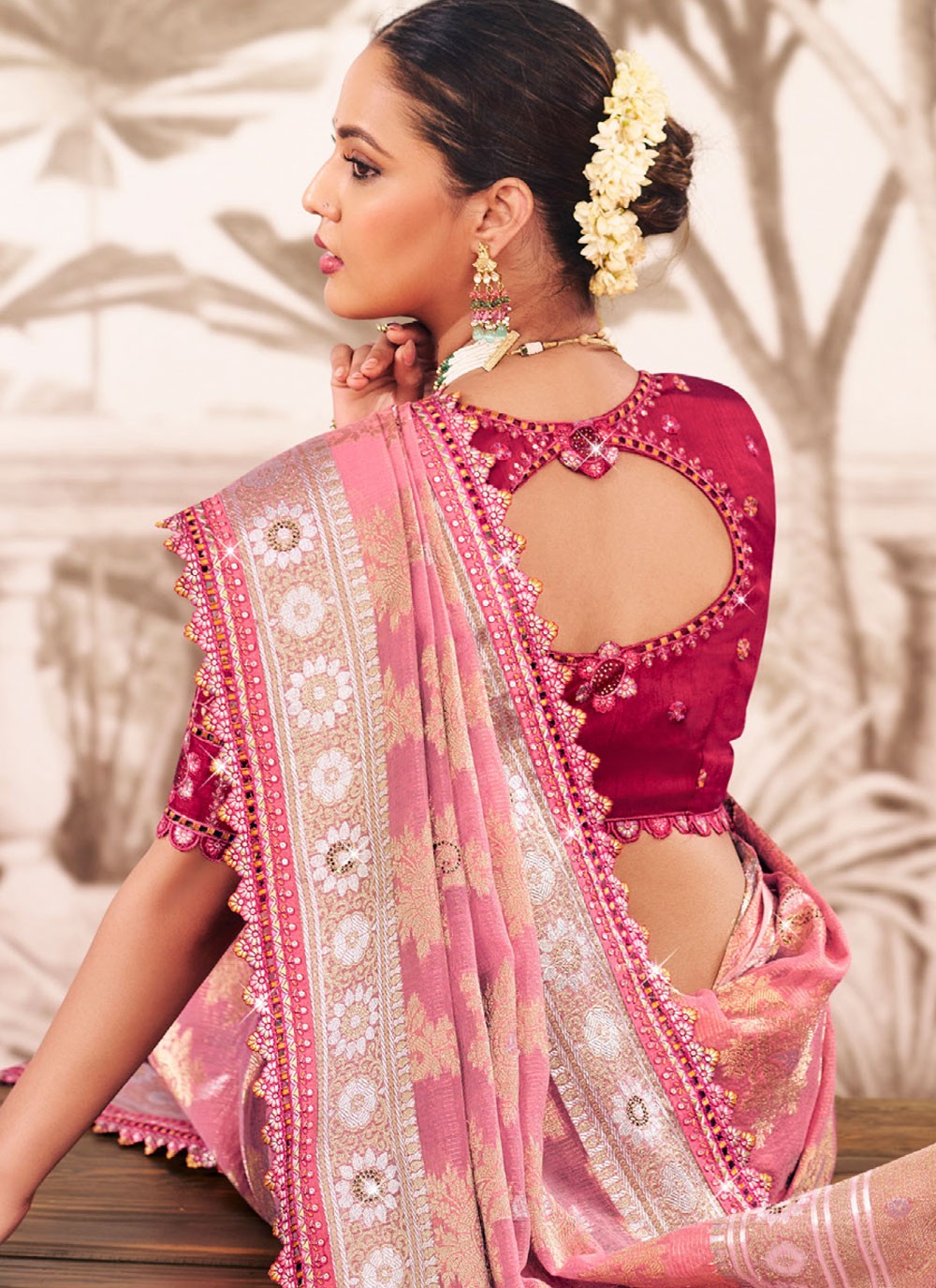 Pink Silk Contemporary Saree Embroidered, Lace S19594
