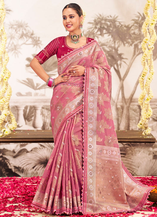 Pink Silk Contemporary Saree Embroidered, Lace S19594