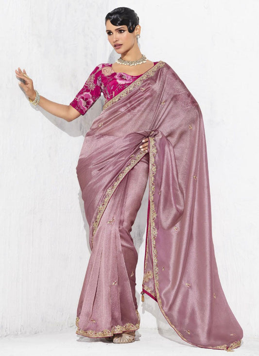 Pink Fancy Fabric Contemporary Saree Border Work, Embroidered S19810
