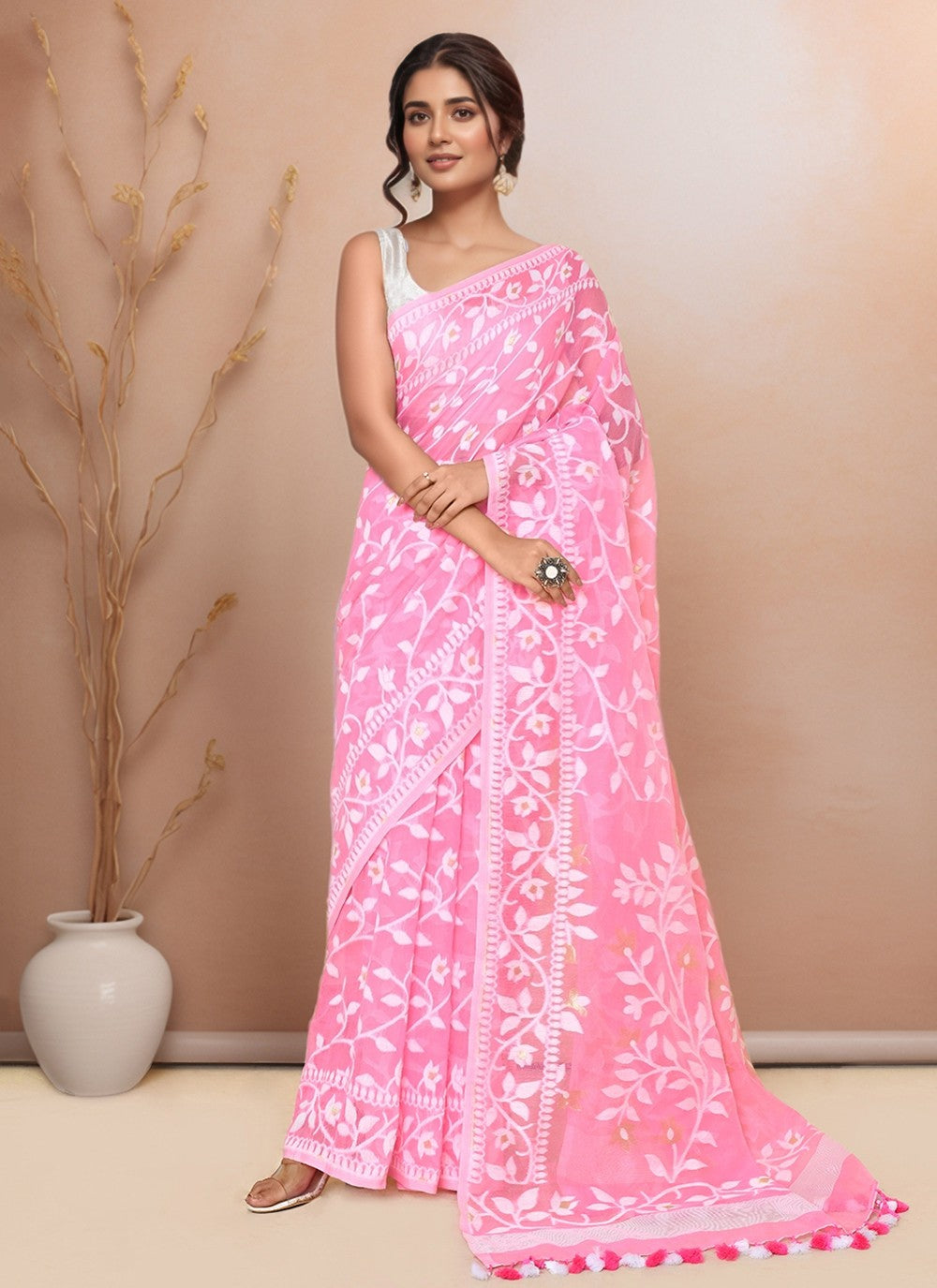 Pink Cotton Classic Saree Floral Printed S20004