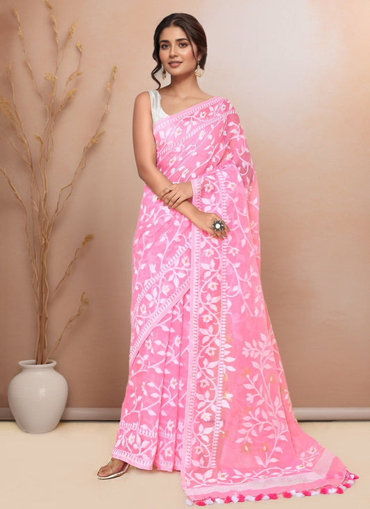 Pink Cotton Classic Saree Floral Printed S20004