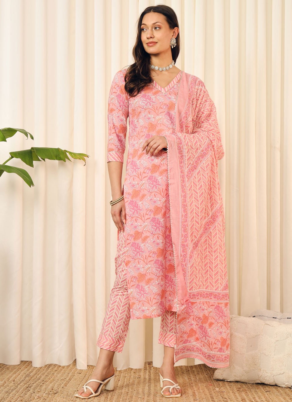 Pant Style Suit Printed Pink T6703