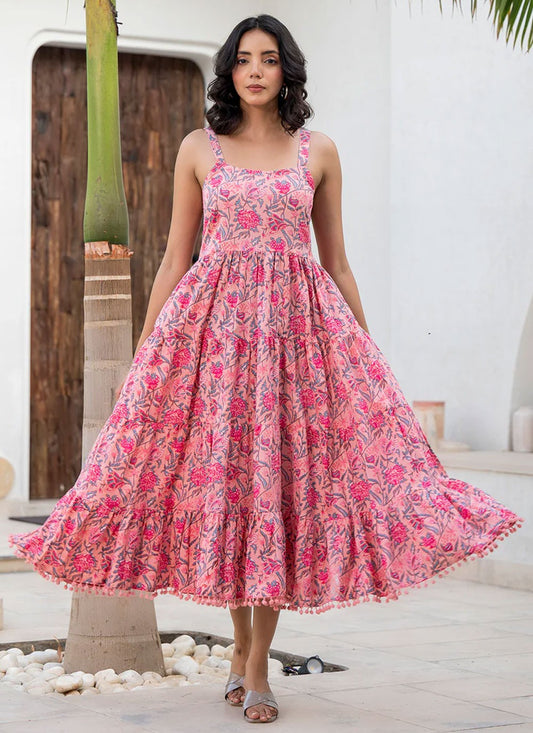 Floral Printed Cotton Pink Gown G1945