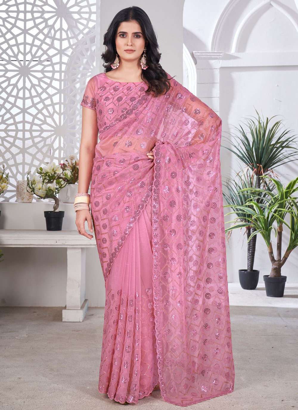 Pink Net Designer Saree Cut Work, Embroidered, Sequins, Thread S15709
