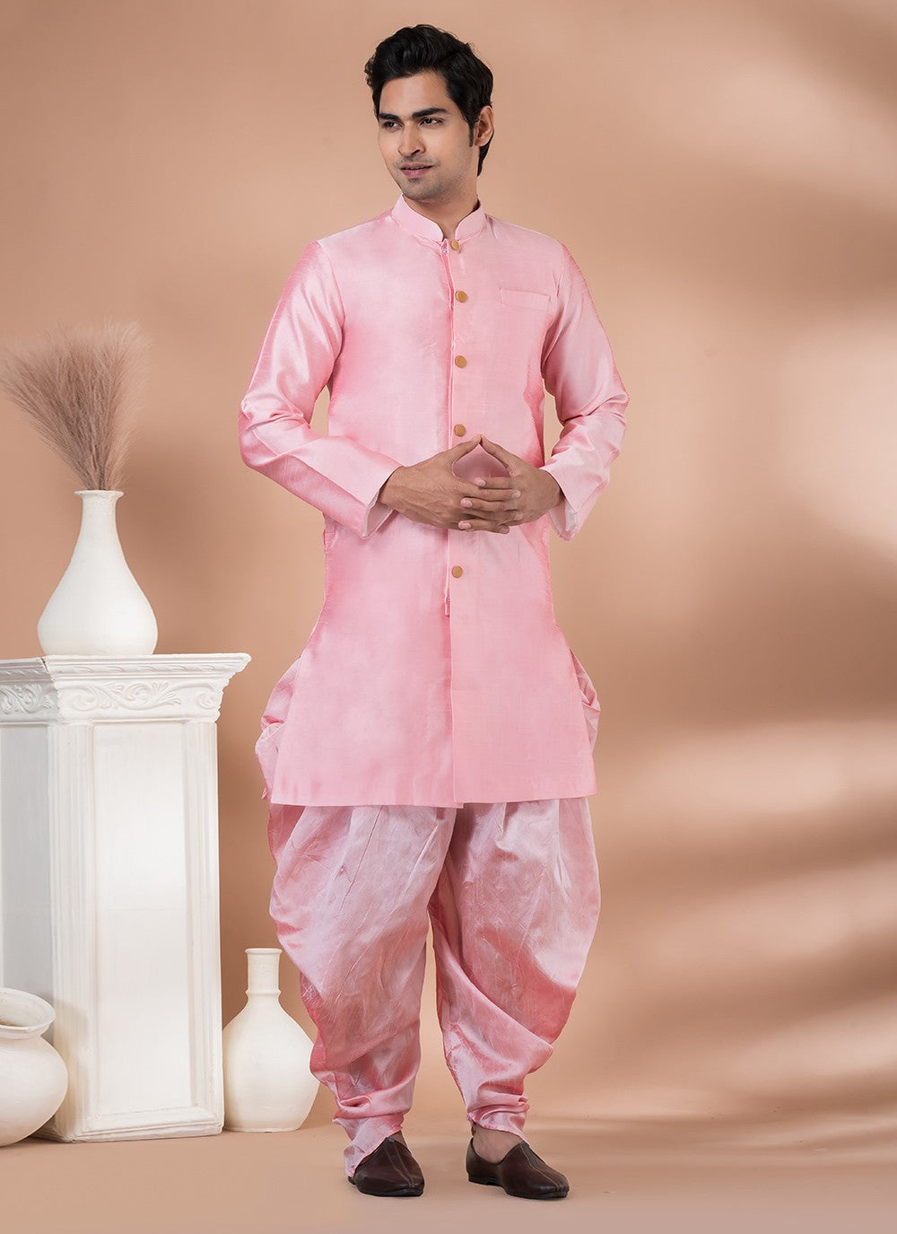 Plain Dupion Silk Pink Indo Western - M7060
