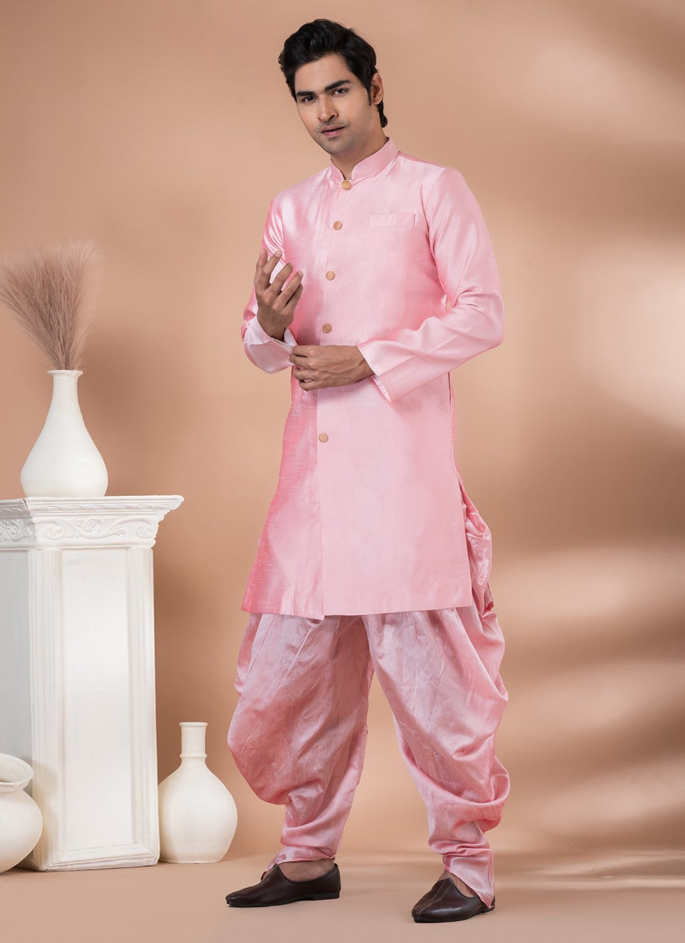 Plain Dupion Silk Pink Indo Western - M7060