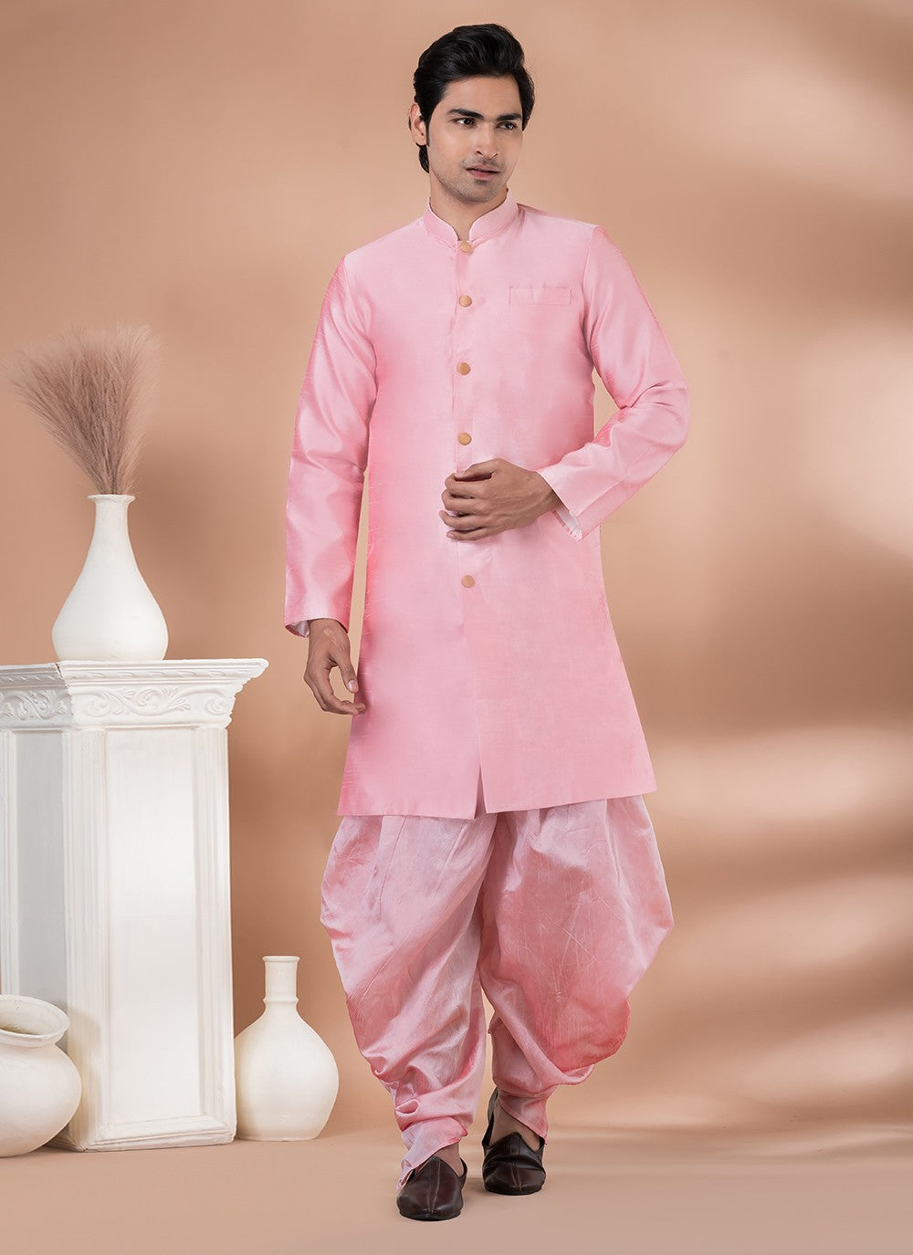 Plain Dupion Silk Pink Indo Western - M7060