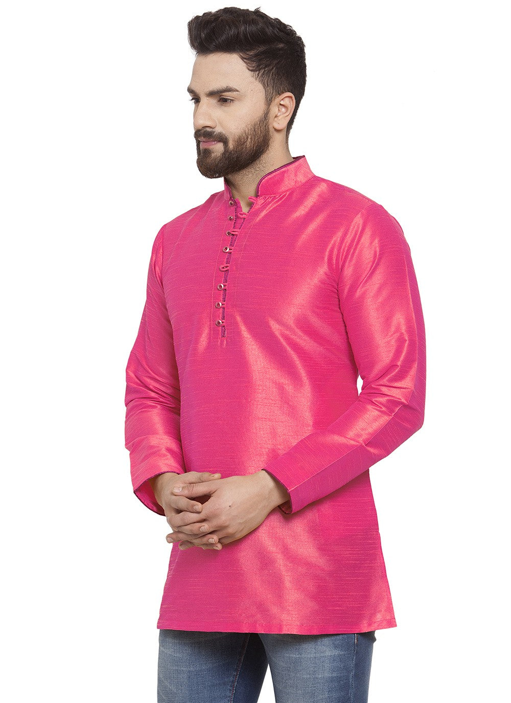 Plain Dupion Silk Pink Short Kurta - M5713