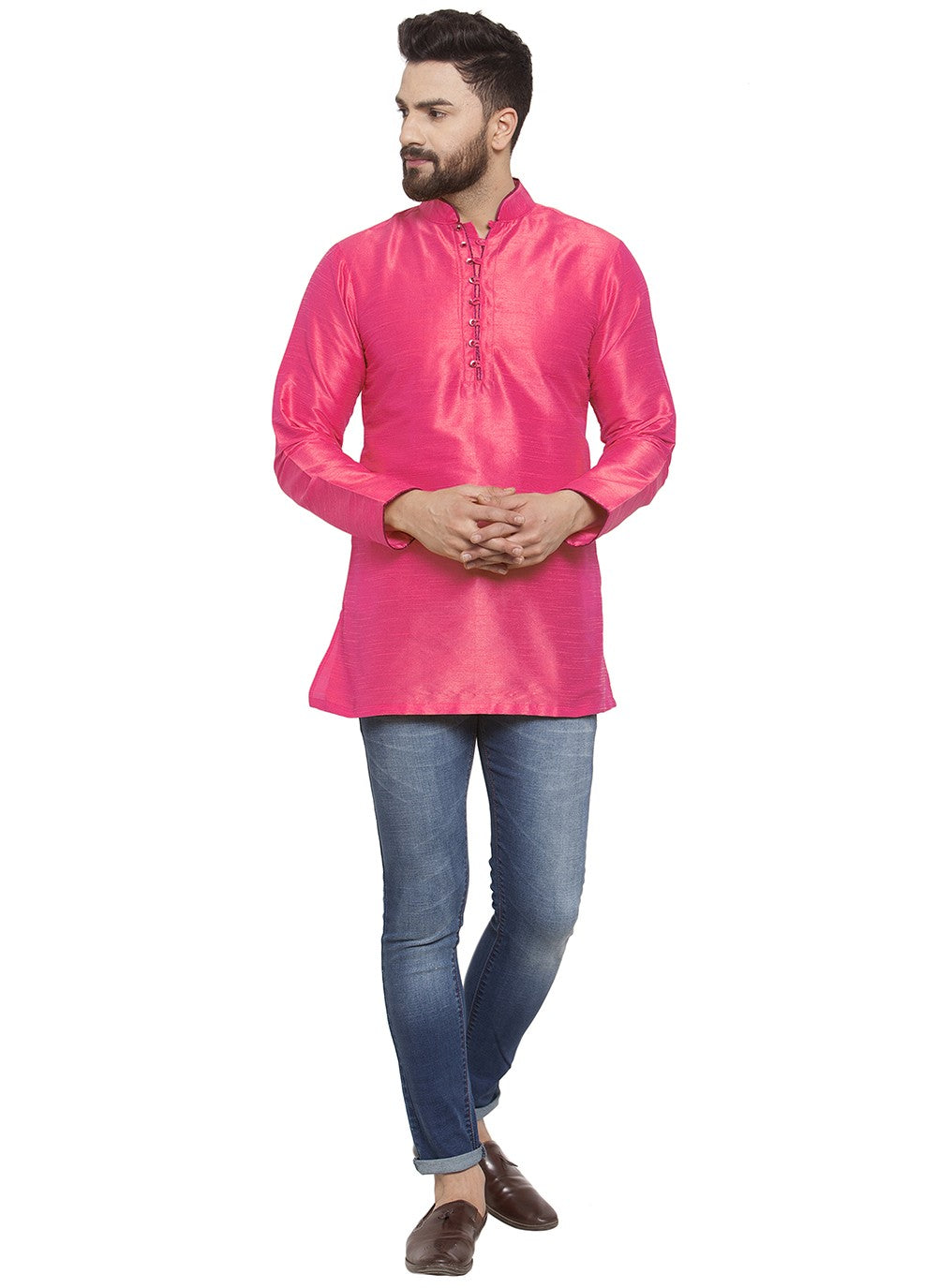 Plain Dupion Silk Pink Short Kurta - M5713