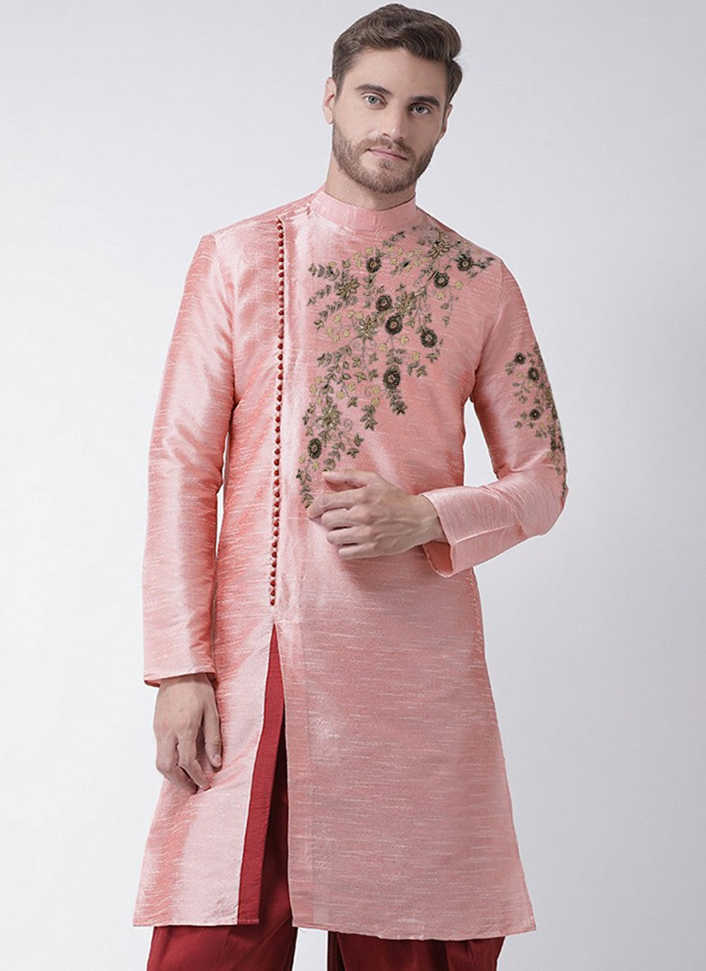 Embroidered Dupion Silk Pink Angrakha - M3183