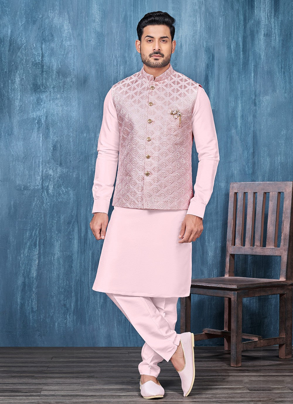 Embroidered Banarasi Silk Pink Kurta Payjama With Jacket - M6341