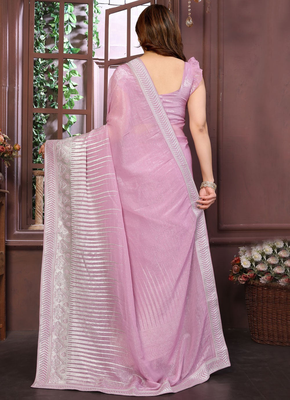 Pink Pure Crepe Classic Saree Embroidered, Zari S15735