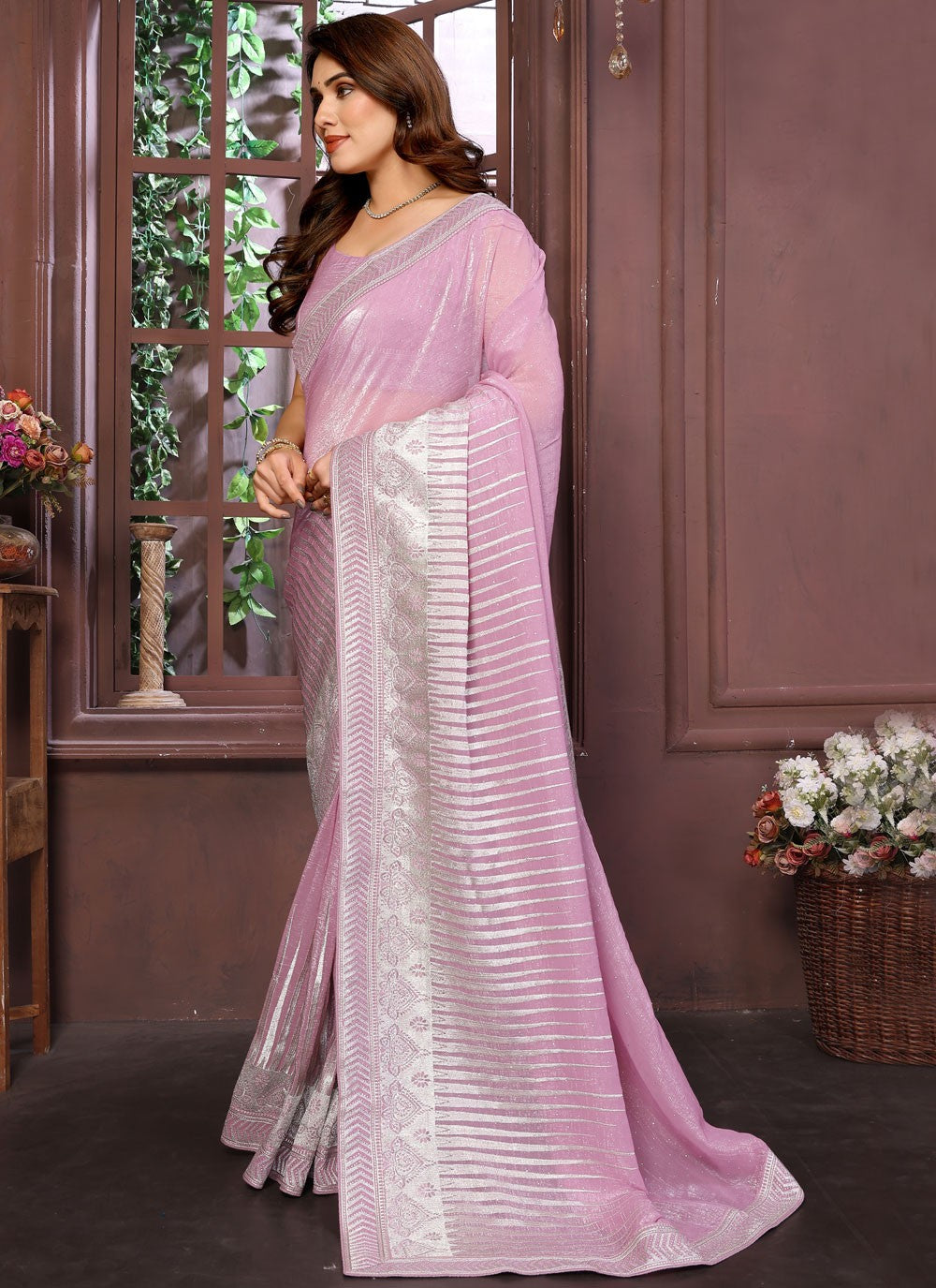 Pink Pure Crepe Classic Saree Embroidered, Zari S15735