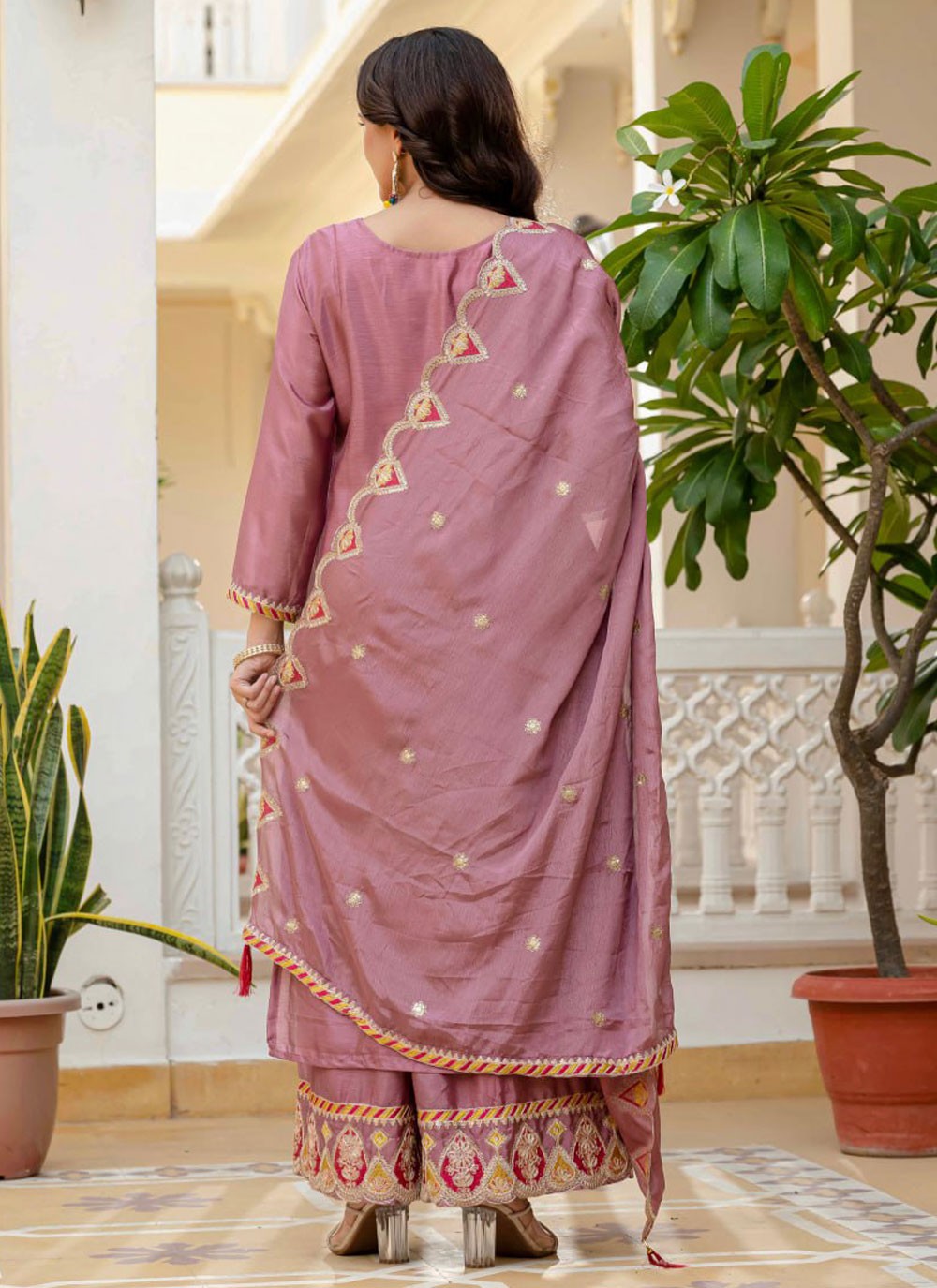 Palazzo Suit Embroidered Pink T8880