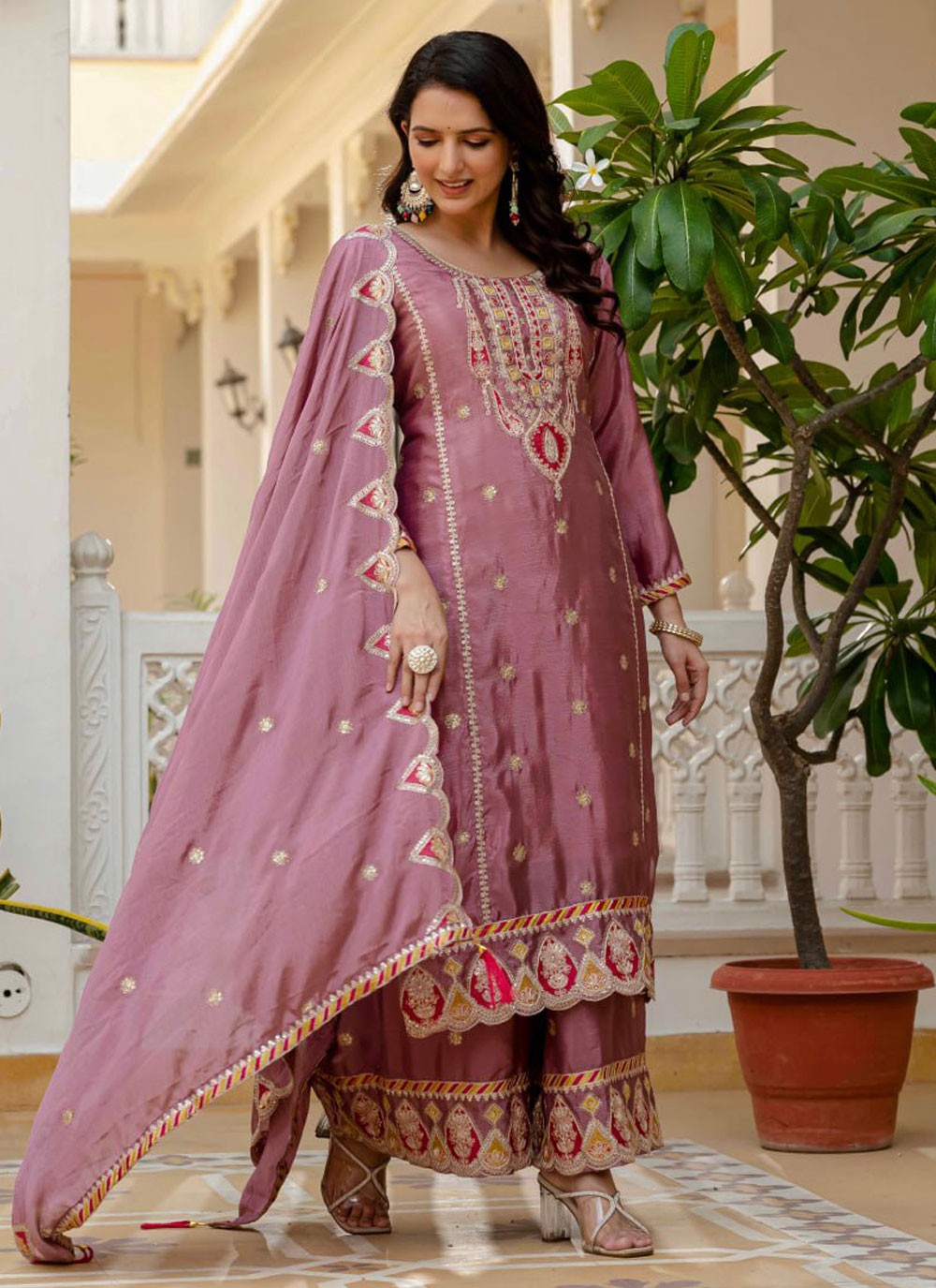 Palazzo Suit Embroidered Pink T8880