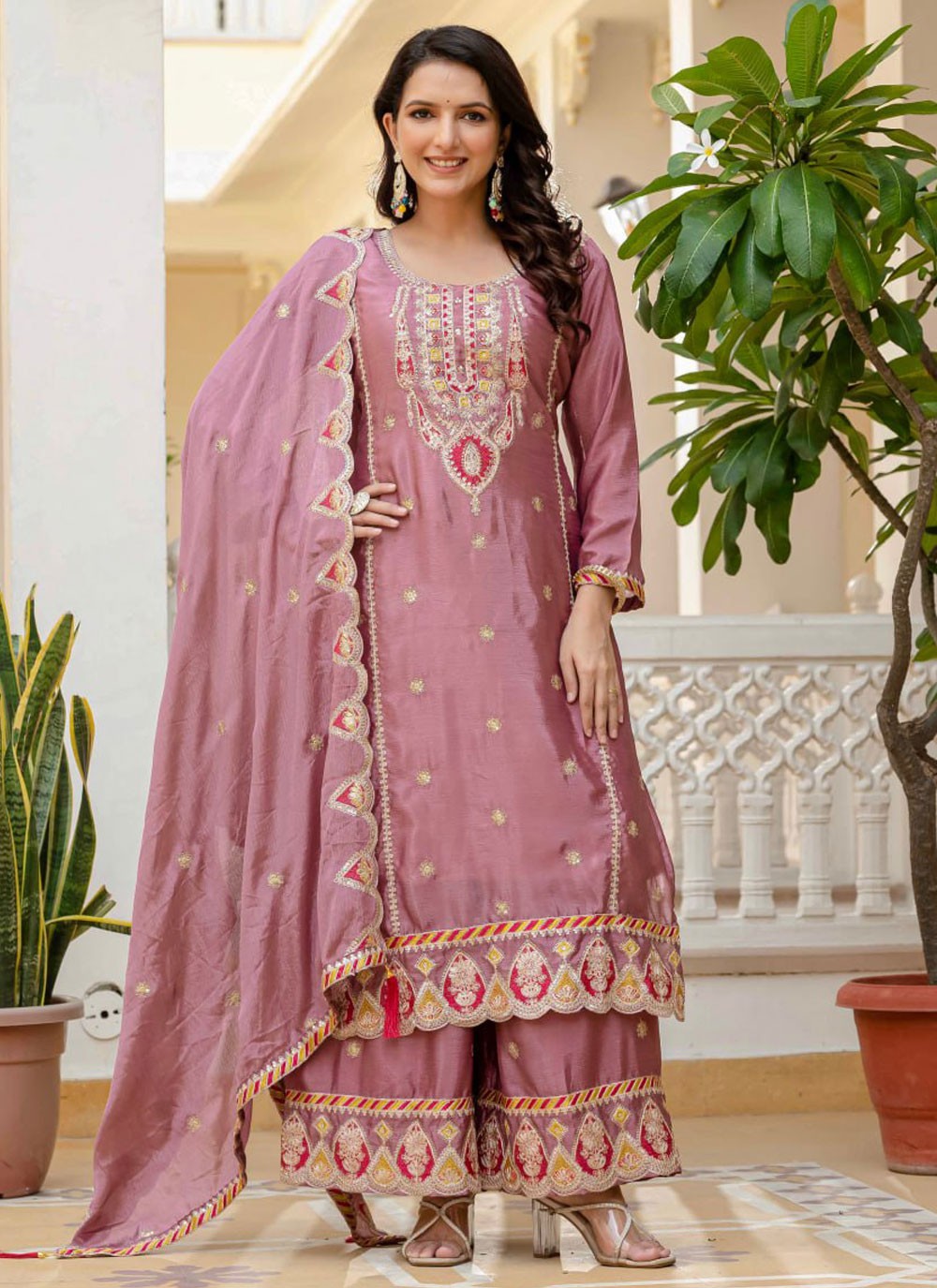 Palazzo Suit Embroidered Pink T8880