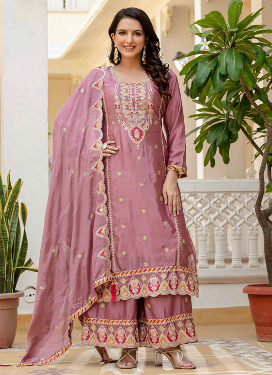 Palazzo Suit Embroidered Pink T8880