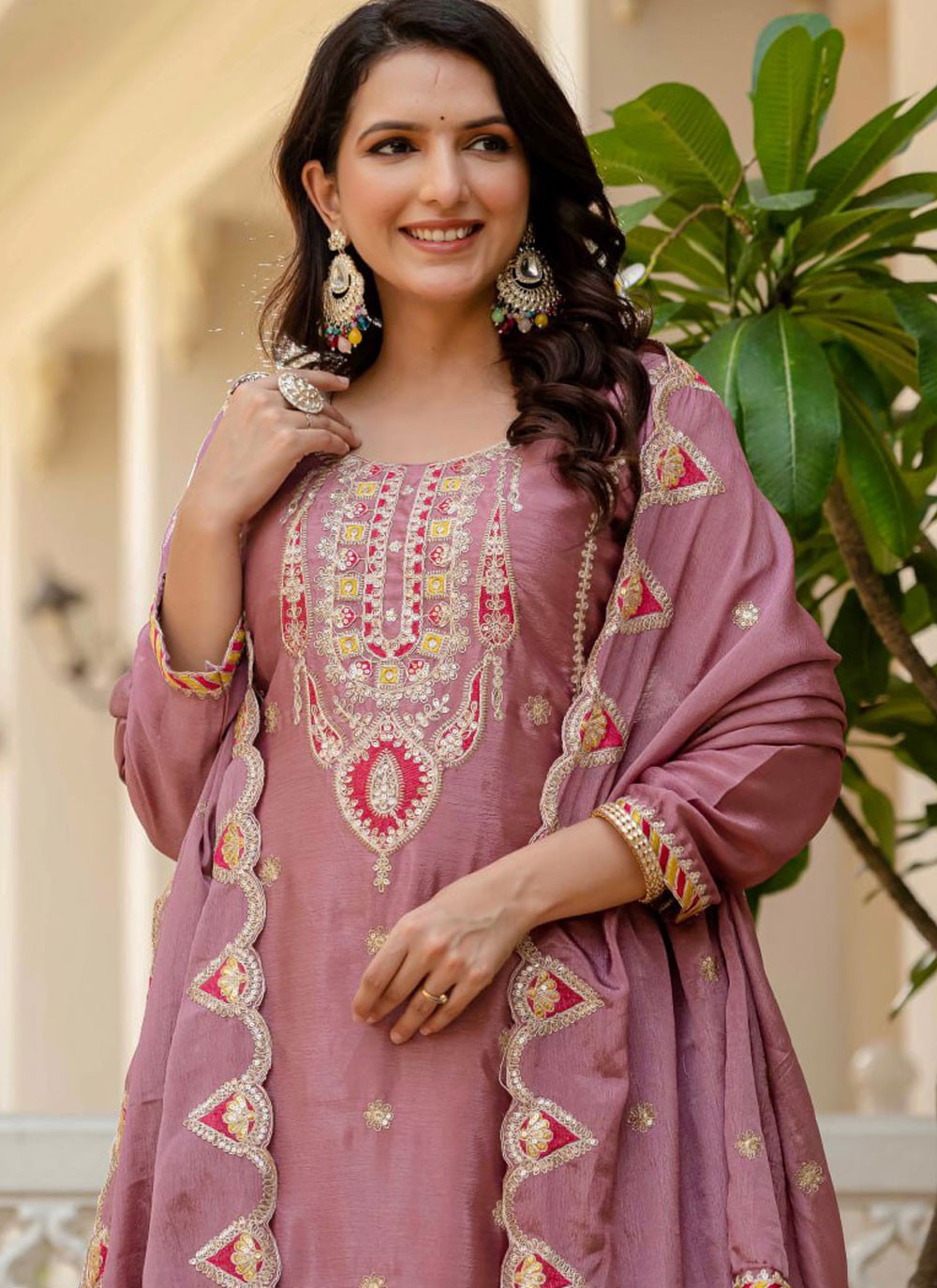Palazzo Suit Embroidered Pink T8880