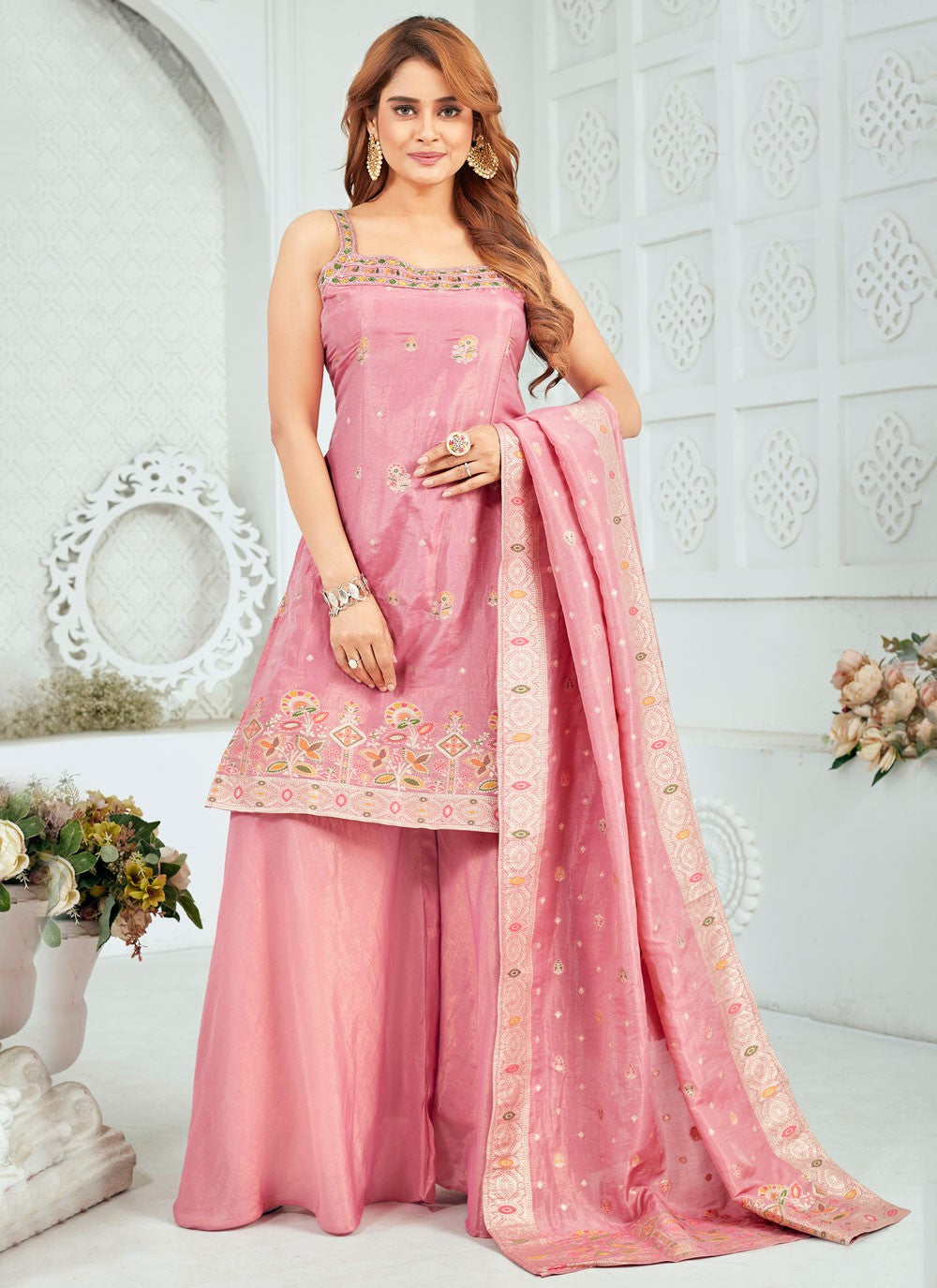 Salwar Suit Embroidered Pink Silk T5871