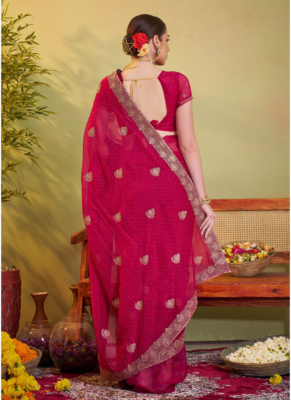 Embroidered Organza Pink Saree S14474