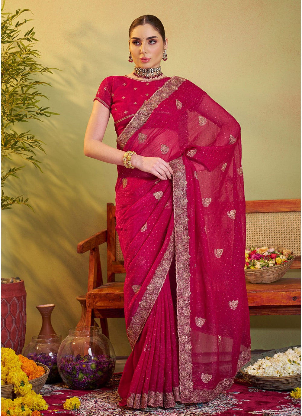 Embroidered Organza Pink Saree S14474