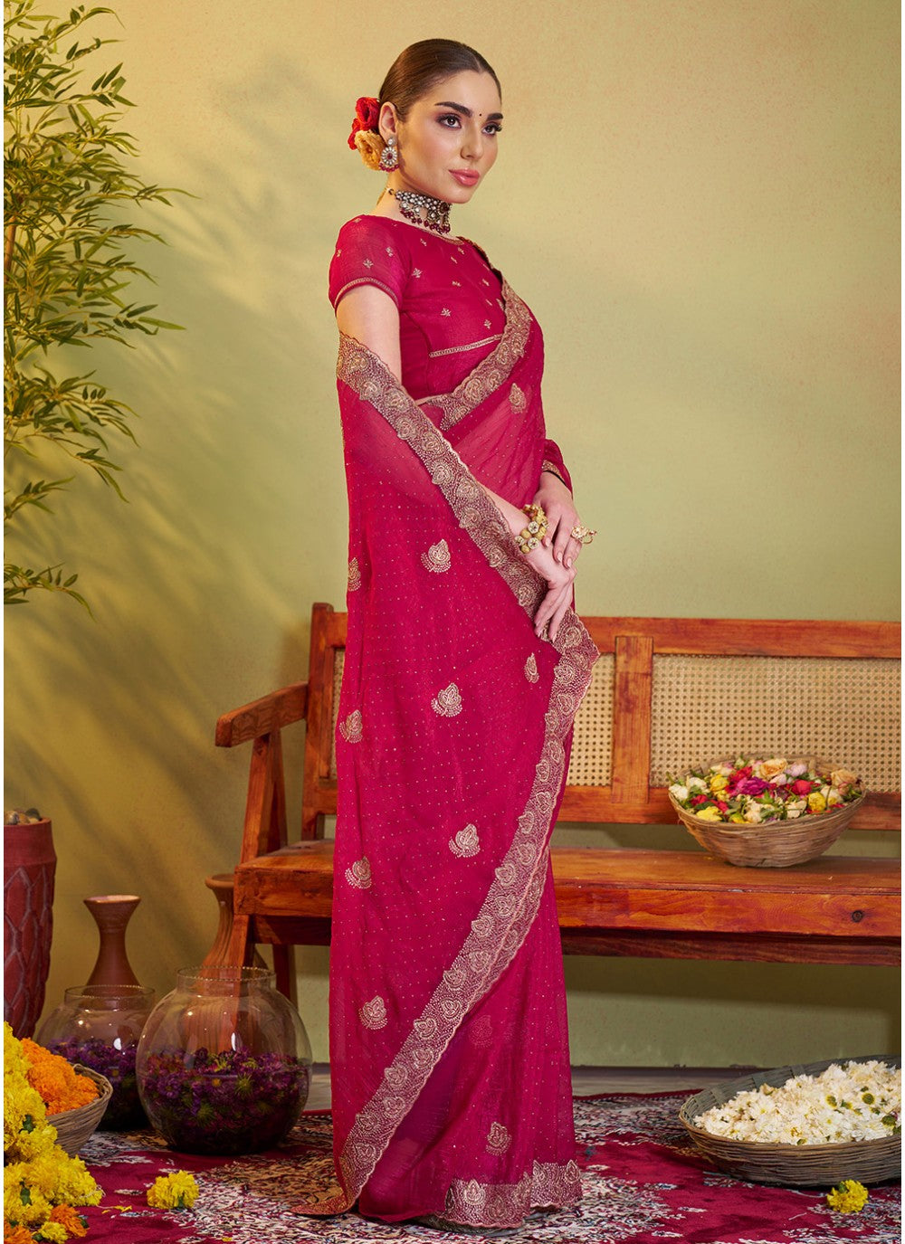 Embroidered Organza Pink Saree S14474