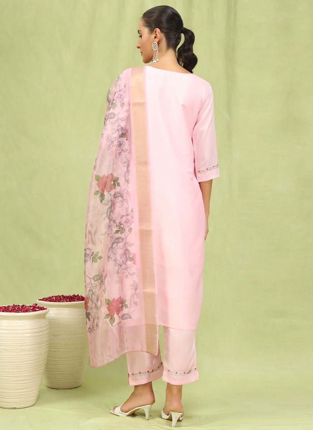 Embroidered Silk Blend Pink Pant Style Suit T6248