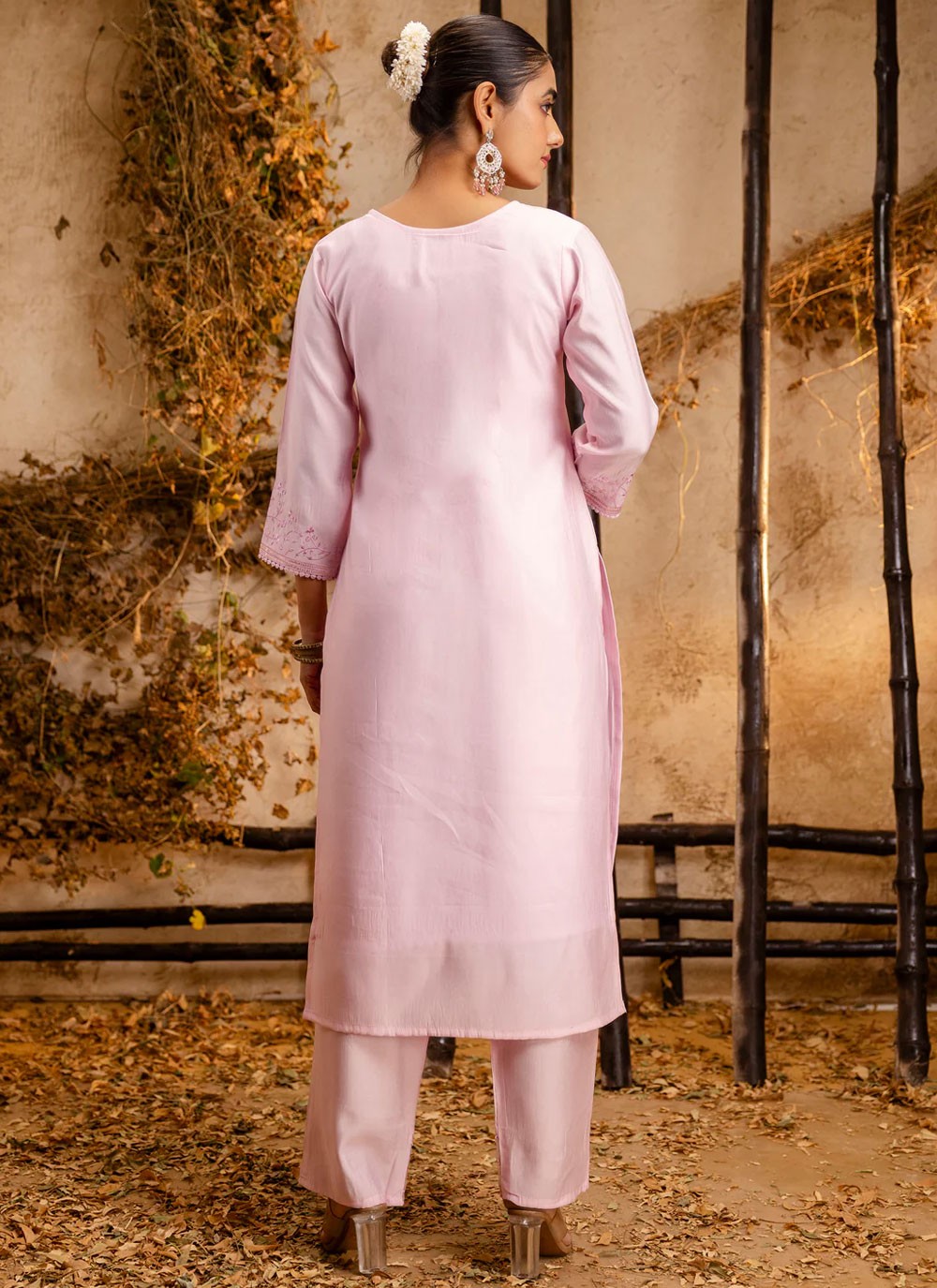 Embroidered Silk Pink Pant Style Suit T6359