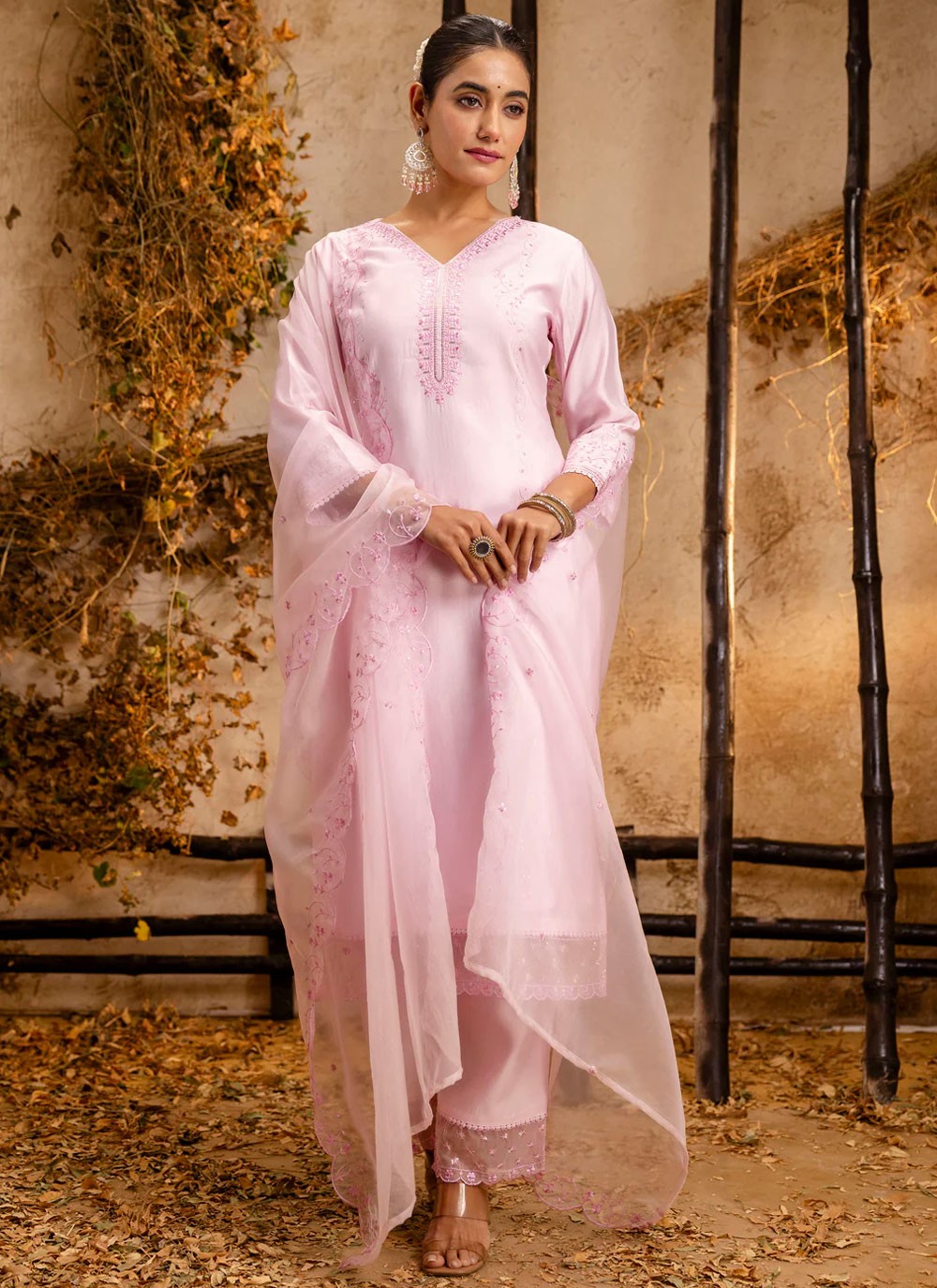 Embroidered Silk Pink Pant Style Suit T6359