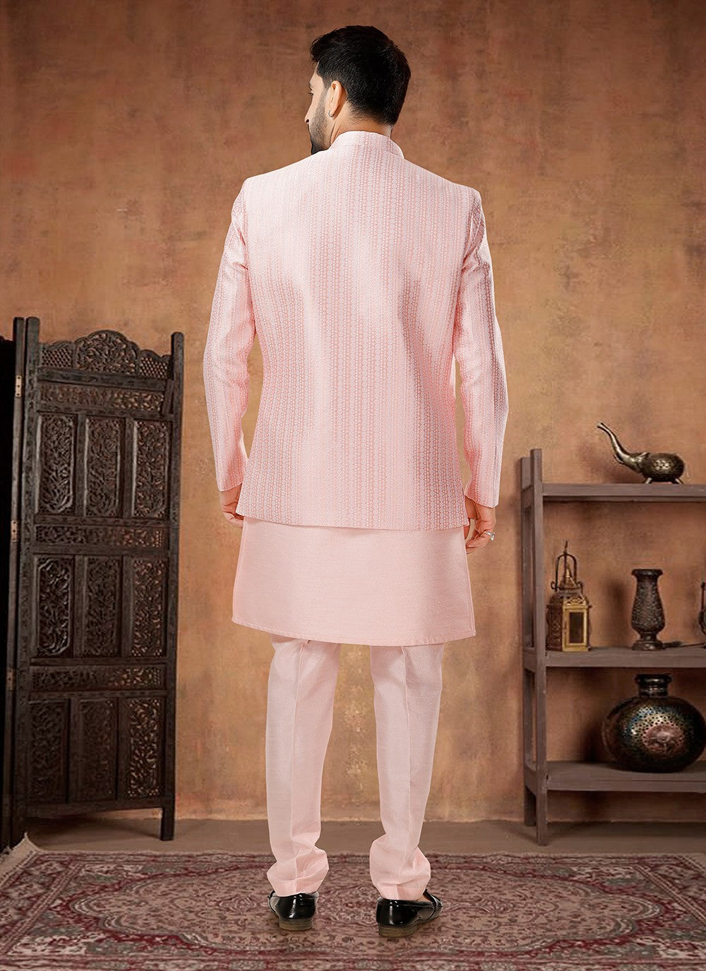 Embroidered Jacquard, Silk Pink Indo Western - M7033