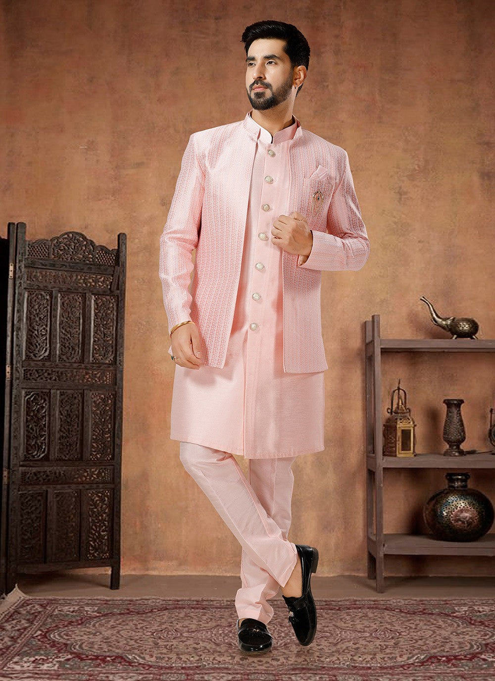 Embroidered Jacquard, Silk Pink Indo Western - M7033