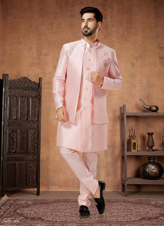 Embroidered Jacquard, Silk Pink Indo Western - M7033