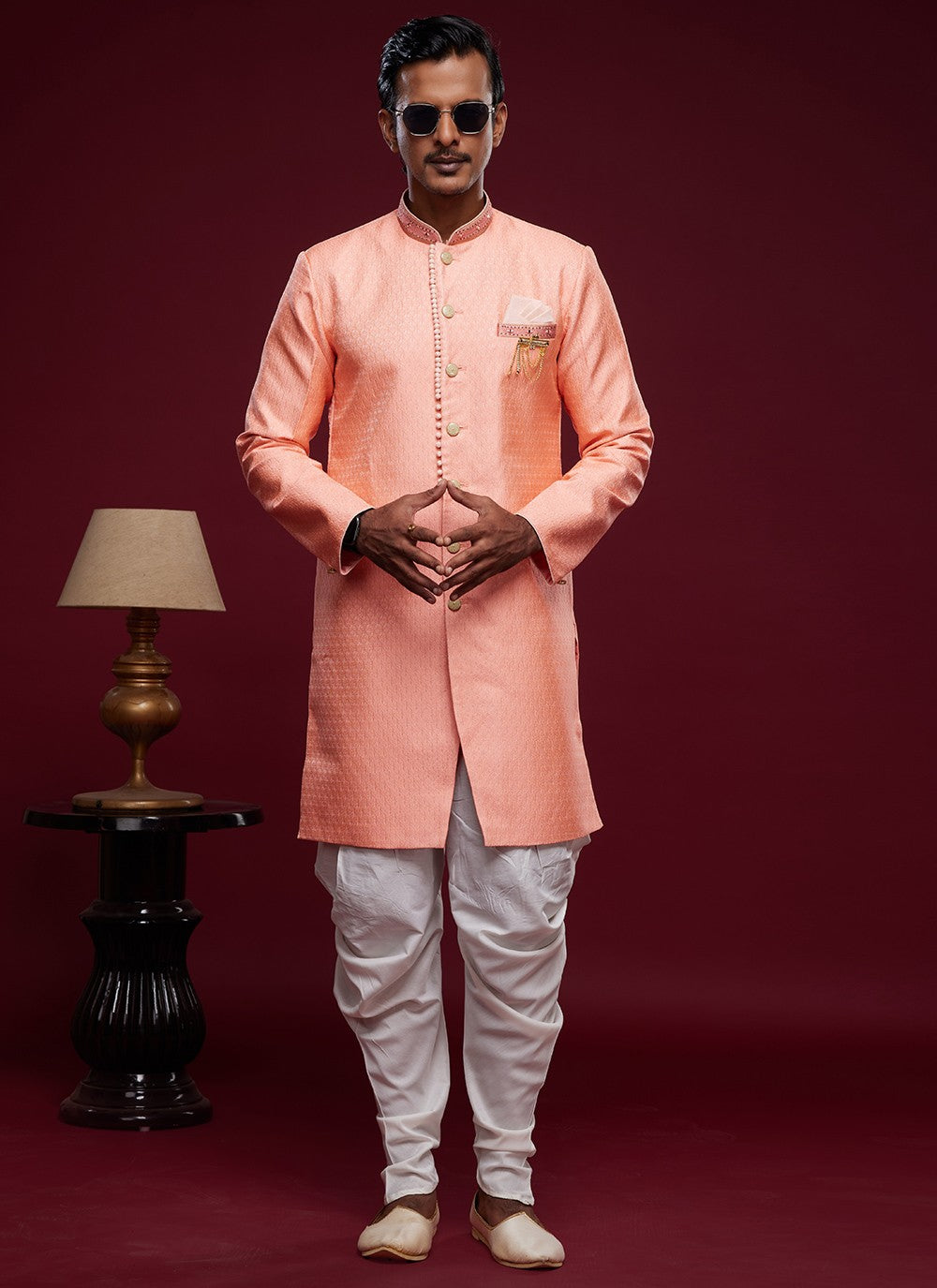 Embroidered Banarasi Jacquard Pink Indo Western Sherwani - M5788