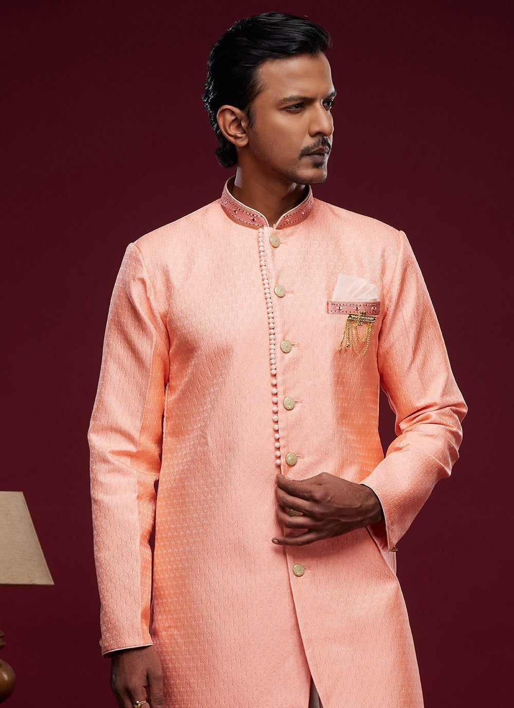 Embroidered Banarasi Jacquard Pink Indo Western Sherwani - M5788