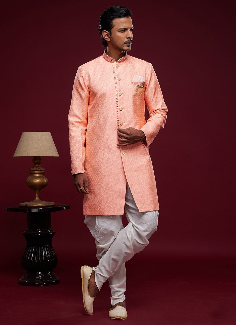Embroidered Banarasi Jacquard Pink Indo Western Sherwani - M5788