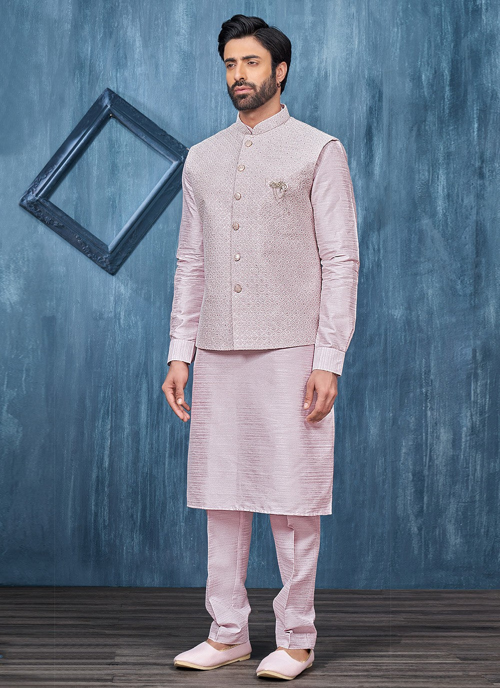 Embroidered Banarasi Silk Pink Kurta Payjama With Jacket - M6307
