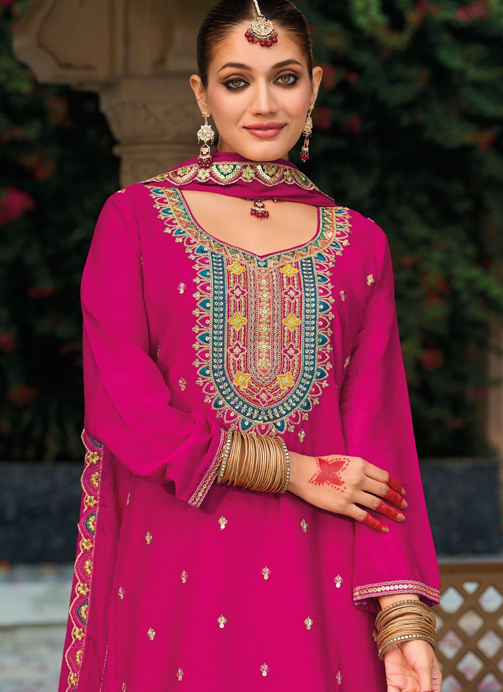 Palazzo Suit Embroidered Pink Chinon T5269